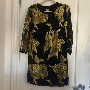 Aritzia Wilfred silk & gold metallic thread embroidered lined tunic dress SZ XS
